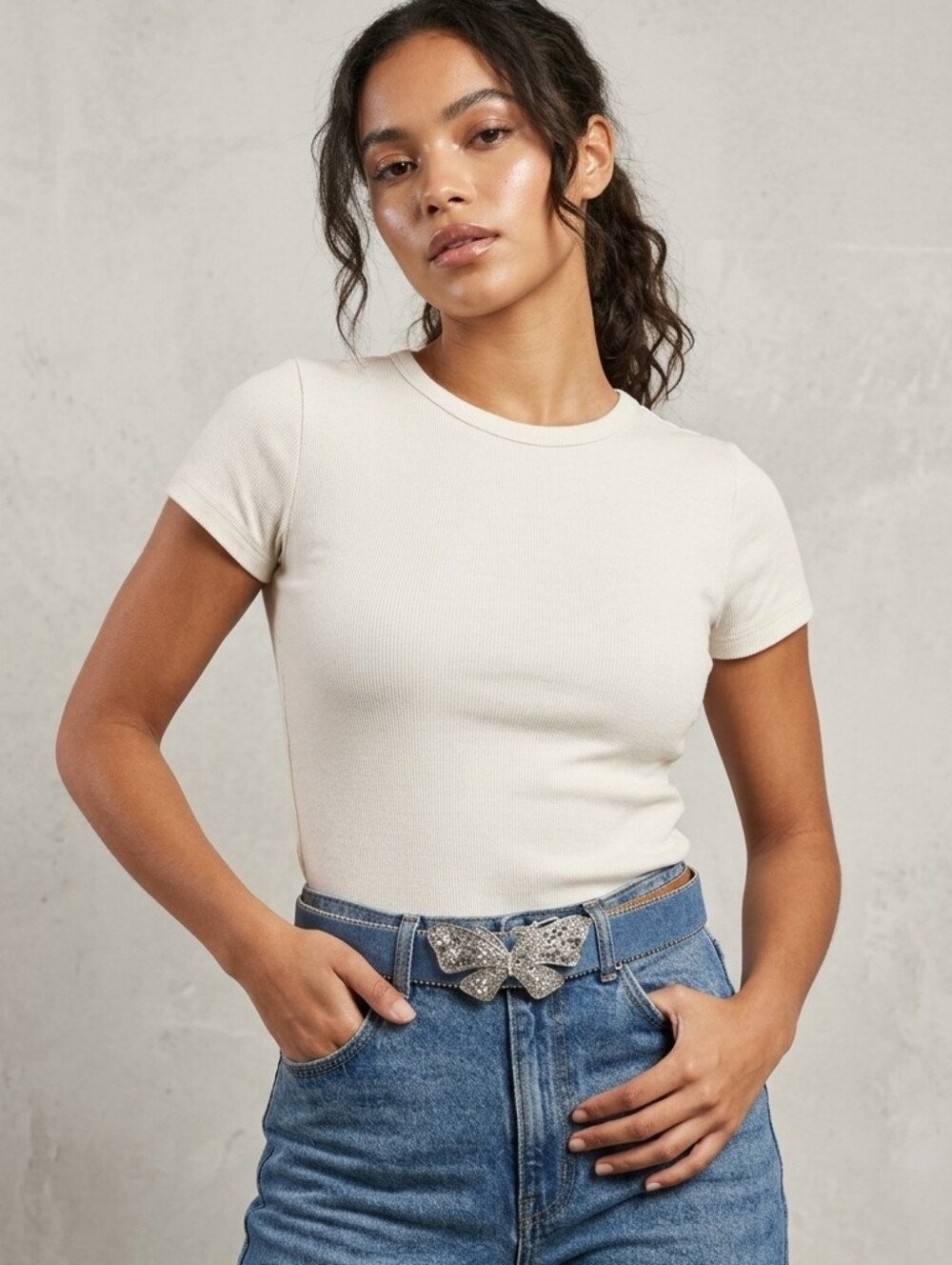 Blue Denim Strap with Rhinestone Bow Accent Belt